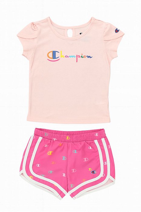 Conjunto Infantil Menina Champion 2 Peças Camiseta Rosa + Shorts Pink