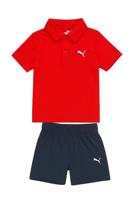 Conjunto Infantil Menino Puma Polo Vermelha + Bermuda Azul Dry Fit