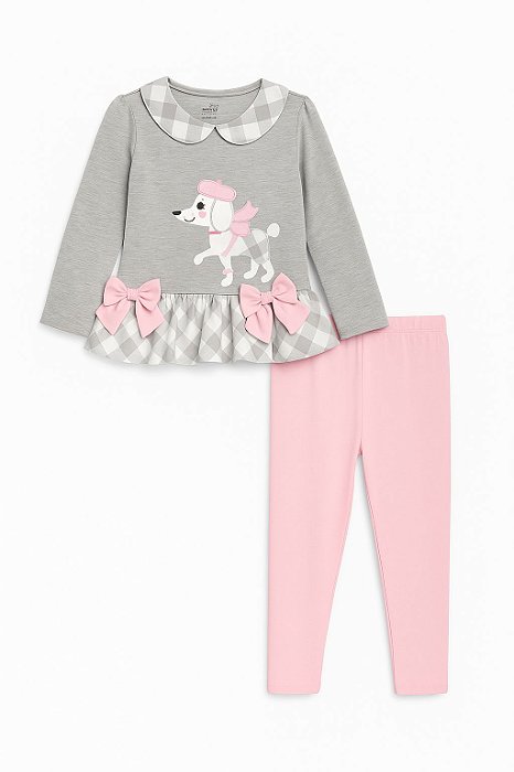 Conjunto Infantil Menina Rare Editions Bata Cinza Cachorro + Legging Rosa
