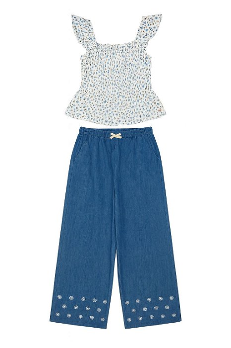 Conjunto Infantil Menina Tahari Bata Floral Azul + Calça Flare Bordada