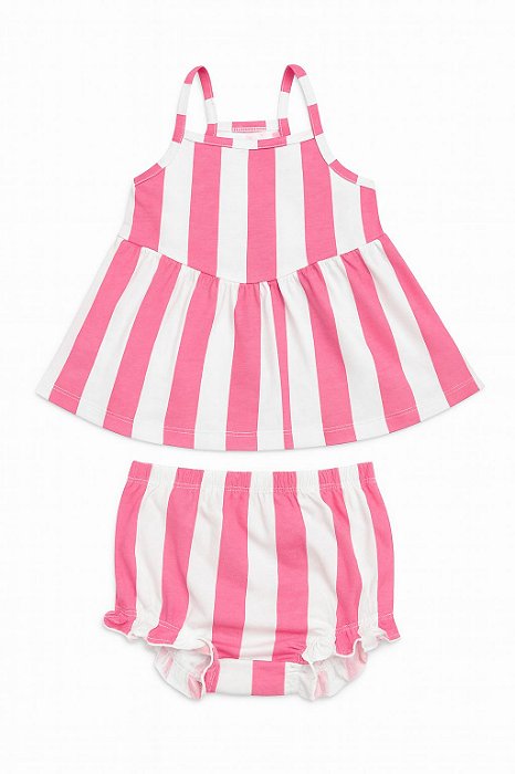 Vestido Infantil Menina Okie Dokie Pink e Branco Listrado + Calcinha