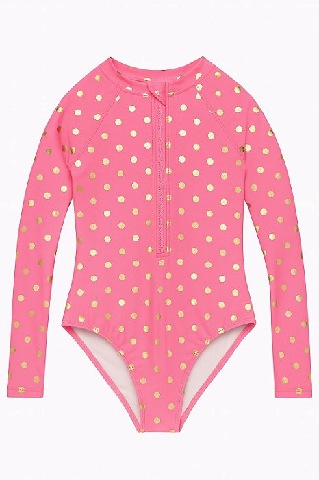 Maiô Infantil Menina Wonder Nation Rosa com Bolinhas Douradas