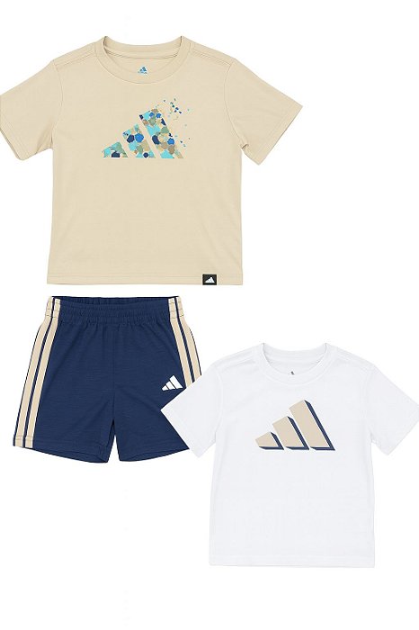 Conjunto Menino Adidas 3 Peças Camiseta Bege e Branca com Bermuda