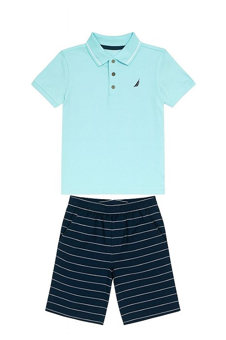 Conjunto 2 Peças Menino Náutica Camiseta Polo Azul com Bermuda