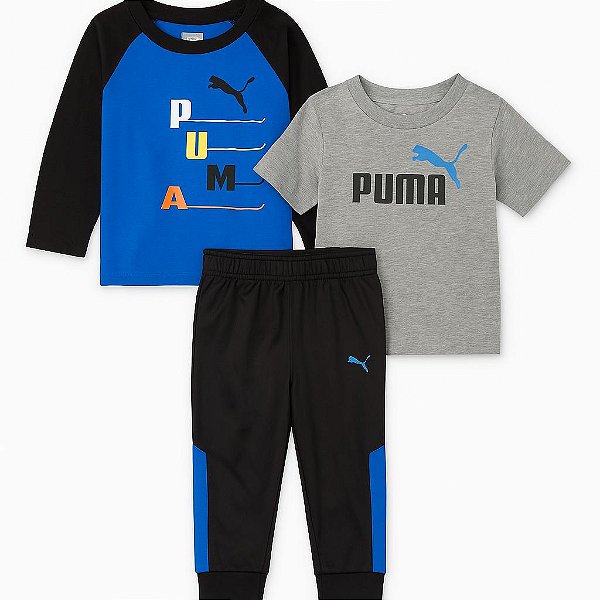 Conjunto 3 Peças Menino Puma Camiseta Azul Manga Longa e Calça Preta