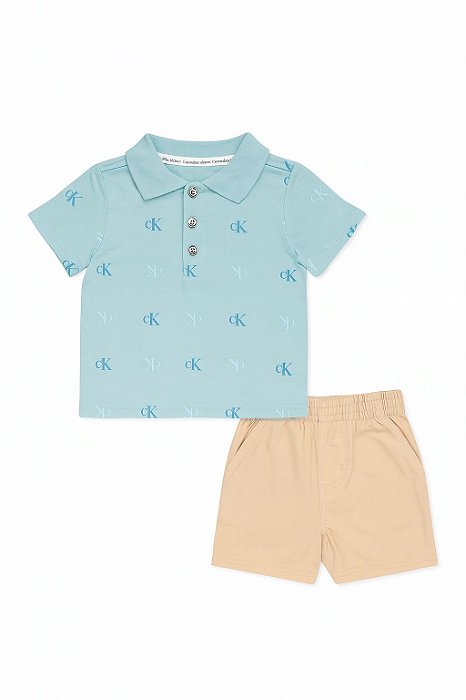 Conjunto Infantil Calvin Klein 2 Peças Camiseta Gola Polo Verde e Bermuda