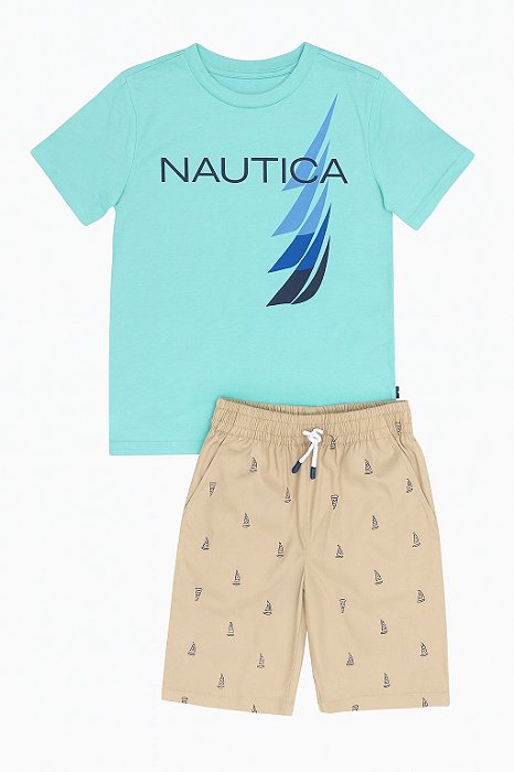Conjunto 2 Peças Menino Náutica Camiseta e Bermuda Sarja Caramelo