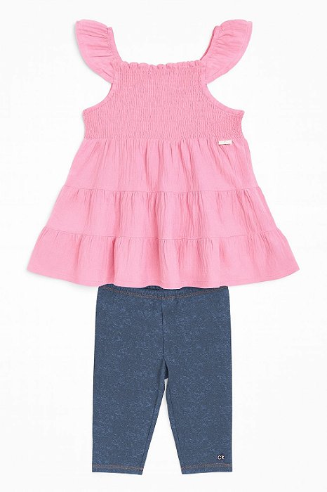 Conjunto Infantil Menina 2 Peças Calvin Klein Bata Rosa Calça Jeans Fake