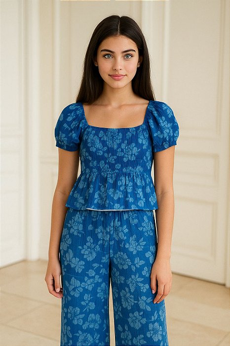 Conjunto Menina 2 Peças Oshkosh Bata e Calça Azul Floral