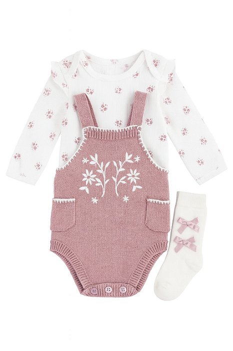 Conjunto Menina Nicole Miller 3 Peças Romper Fio Lilás Bordado Com Body e Meia