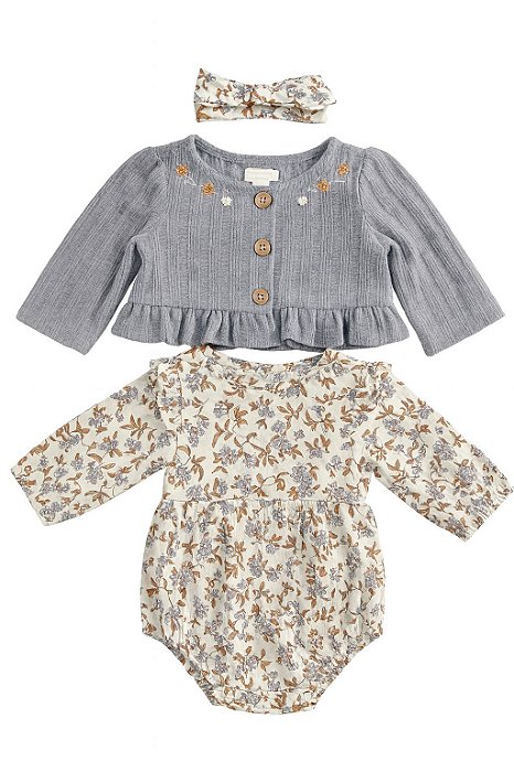 Conjunto Menina Tahari 4 Peças Body com Cardigan Cinza Bordado Laço e Meia