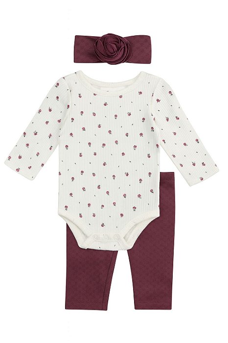 Conjunto Menina Nicole Miller 3 Peças Body Flores Calça Bordô e Laço