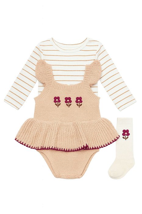 Conjunto Menina Nicole Miller 3 Peças Body Fio Bege Bordado e Meia