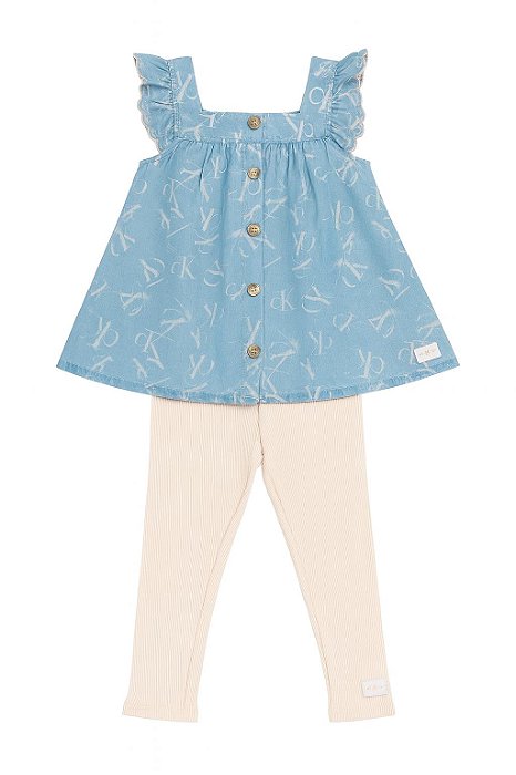 Conjunto Infantil Menina Calvin Klein Bata Jeans Fake + Legging Rosa