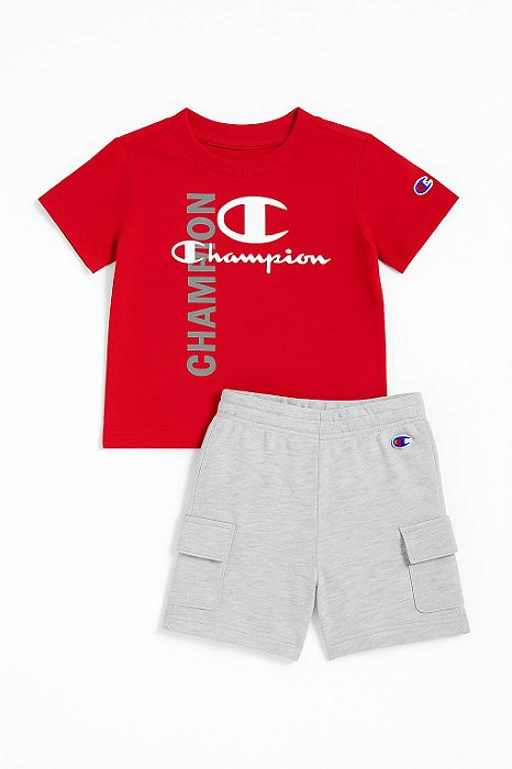Conjunto Infantil Menino Champion 2 Peças Camiseta Vermelha e Bermuda Cinza
