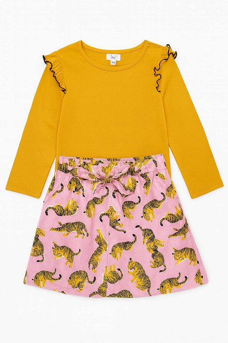 Conjunto 2 Peças Menina Crown e Ivy Camiseta Amarela Saia Tigre