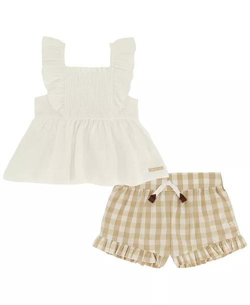Conjunto Infantil Menina Calvin Klein Bata Branca Shorts Xadrez Bege