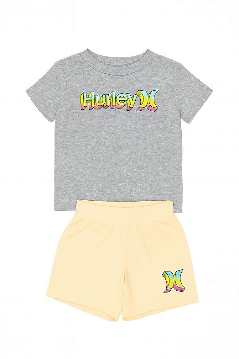 Conjunto Infantil Menino Hurley Camiseta Cinza Bermuda Laranja