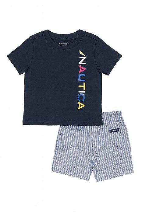 Conjunto Infantil Menino Náutica Camiseta Azul Marinho e Bermuda