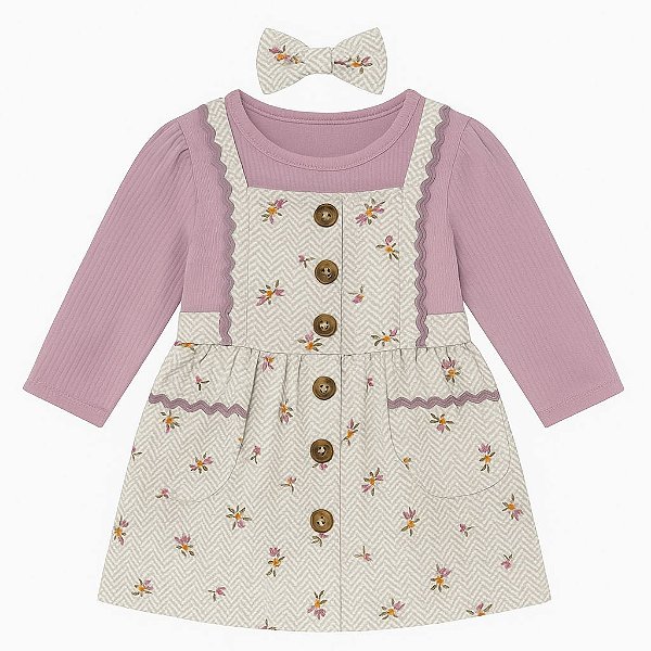 Conjunto 3 Peças Menina Nicole Miller Vestido e Body Lilás com Laço