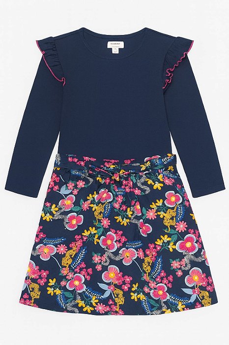 Conjunto 2 Peças Menina Crown e Ivy Camiseta Azul Marinho Saia Floral Tigre