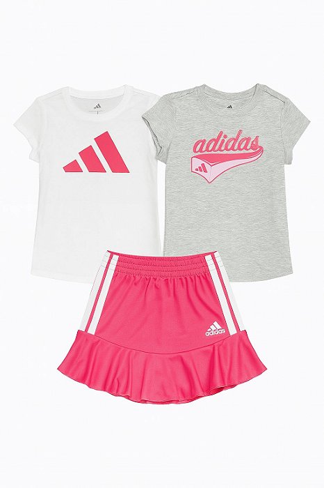 Conjunto 3 Peças Menina Adidas 2 Camisetas Com Saia Rosa