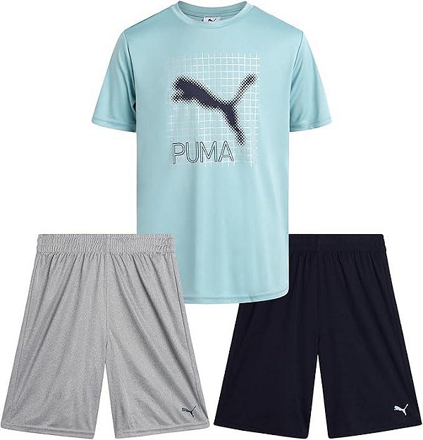 Conjunto 3 Peças Menino Puma Camiseta Verde e 2 Bermudas Dry Fit