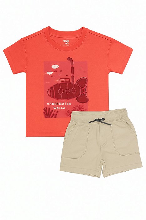 Conjunto Menino Carters Camiseta Laranja Submarino Bermuda Bege