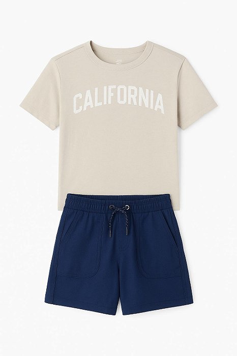 Conjunto Menino Carters Camiseta Bege Califórnia Bermuda Azul Marinho
