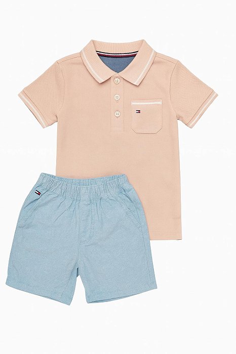 Conjunto Menino Tommy Hilfiger 2 Peças Camiseta Polo Rosê e Bermuda