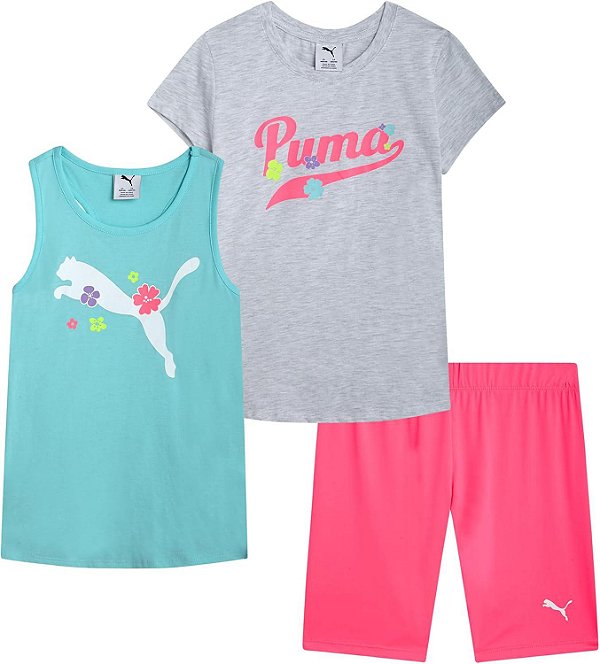 Conjunto Menina Puma 3 Peças Camiseta Cinza Com Regata e Shorts