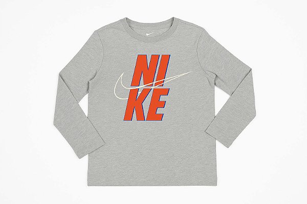 Camiseta Menino Nike Manga Longa Cinza Logo Laranja