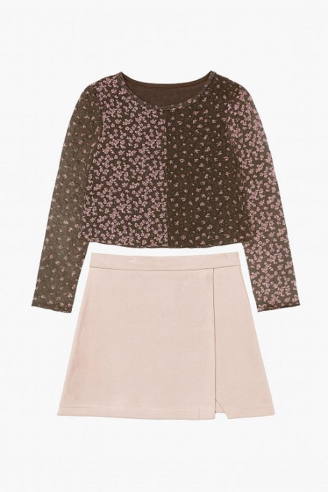 Conjunto 2 Peças Menina Tween Diva Blusa Tule e Saia Veludo
