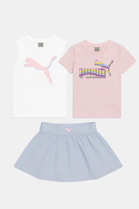 Conjunto 3 Peças Menina Puma Camisetas Rosa e Branca Com Saia Azul