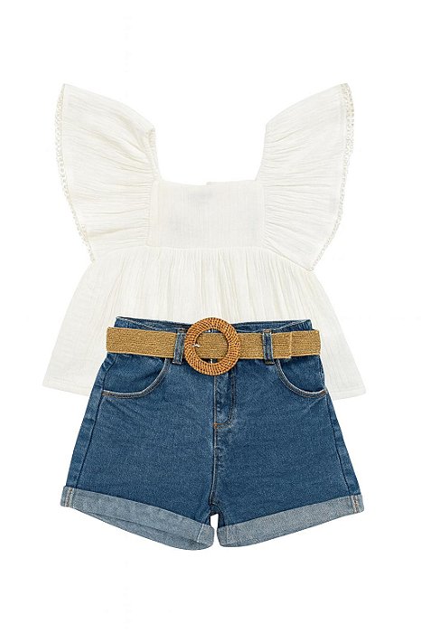 Conjunto Menina Haute Hippie 2 Peças Bata Branca e Shorts Jeans