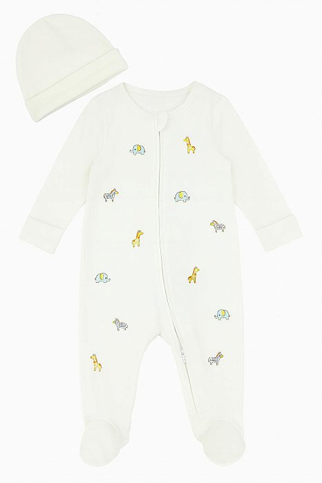 Macacão Little Me Branco Com Touca Bordado Animais