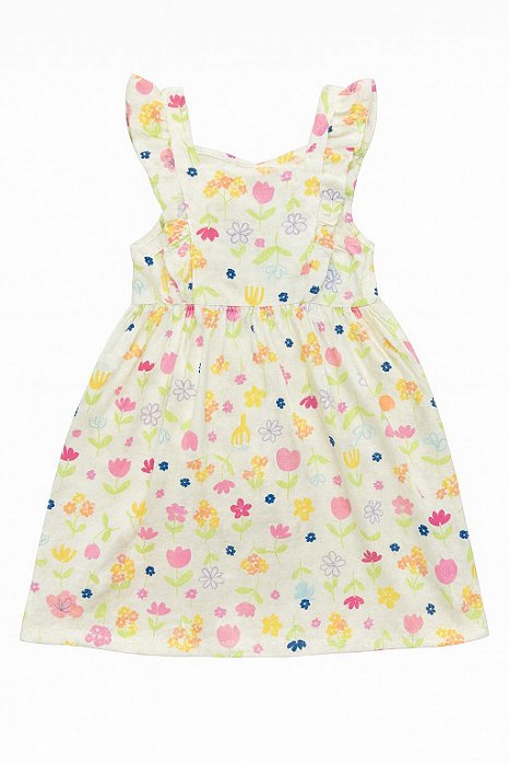 Vestido Infantil Okie Dokie Alça Branco Flores Coloridas