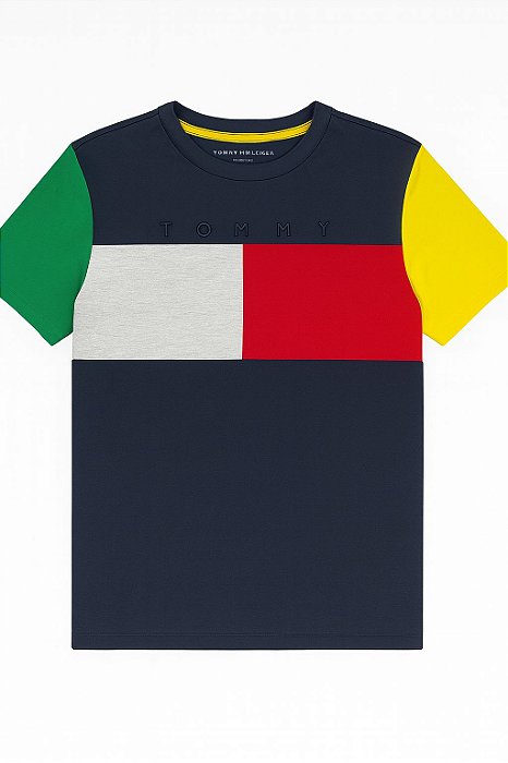 Camiseta Manga Curta Menino Tommy Hilfiger Azul Manga Amarela e Verde