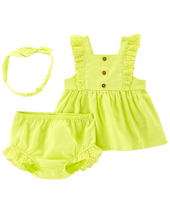 Conjunto Menina Carters 3 Peças Vestido Calcinha e Laço Neon Renda