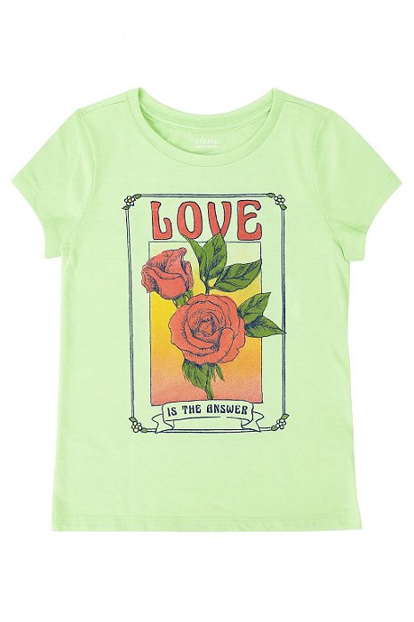 Camiseta Infantil Menina Oshkosh Manga Curta Verde Rosas Love