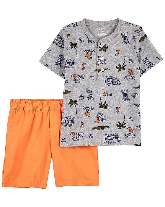 Conjunto Infantil Menino Carters 2 Peças Camiseta Cinza Coqueiro Bermuda Laranja