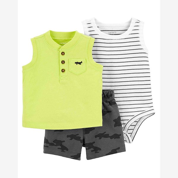 Conjunto Infantil Menino Carters 3 Peças Regata Neon Avião