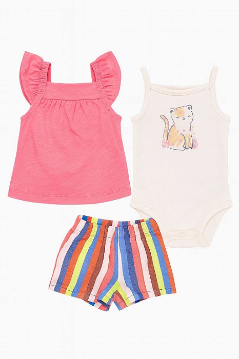 Conjunto Infantil Menina Carters 3 Peças Body Rosa Gatinho