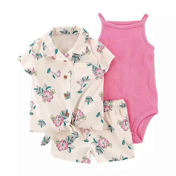 Conjunto Infantil Menina Carters 3 Peças Camisa Floral com Shorts e Body