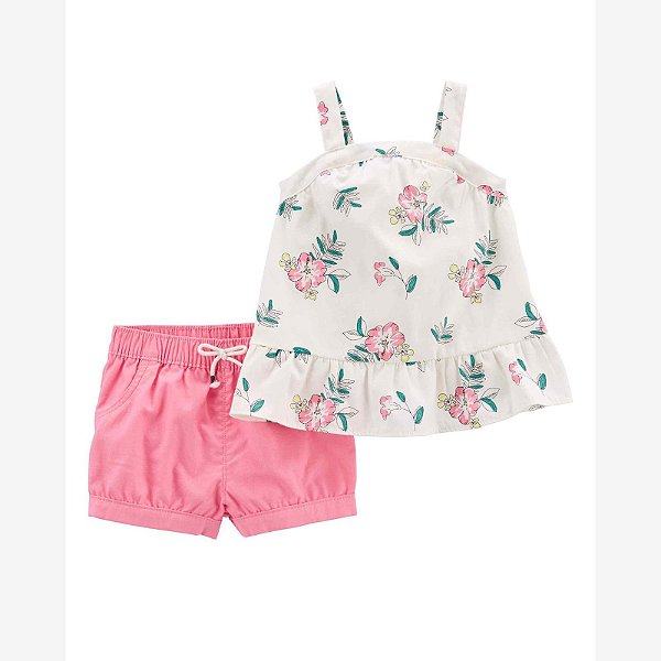 Conjunto Infantil Menina Carters 2 Peças Bata Floral Shorts Pink
