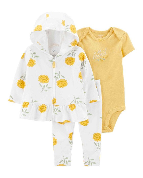 Conjunto Infantil Menina Carters 3 Peças Jaqueta Branca Flor Amarela