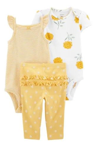 Conjunto Infantil Menina Carters 3 Peças Body Listras e Floral Amarelo