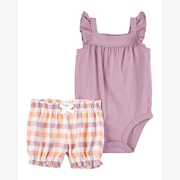 Conjunto Menina Carters 2 Peças Body Lilás Shorts Xadrez