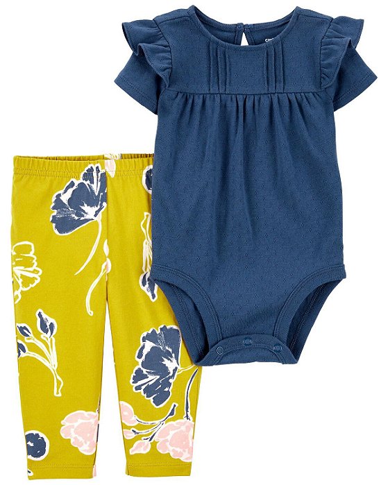 Conjunto Menina Carters 2 Peças Body Azul Calça Floral Amarela