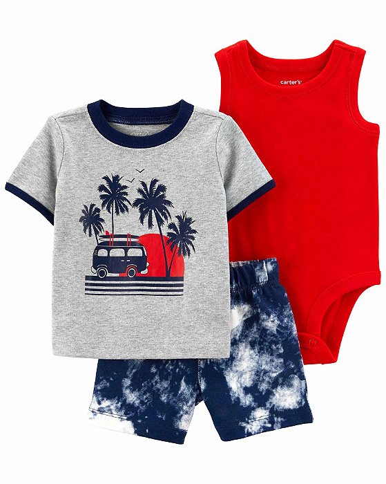 Conjunto Menino Carters 3 Peças Camiseta Cinza Kombi